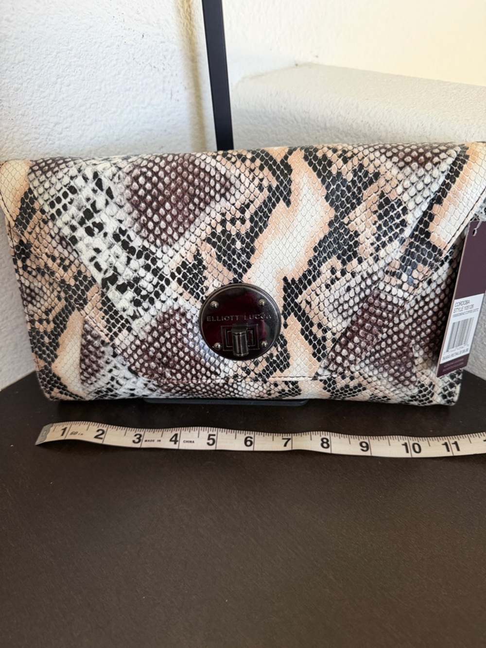 NWT Elliott Lucca Coffee & Cream Exotic Envelope Clutch & Detachable Strap.